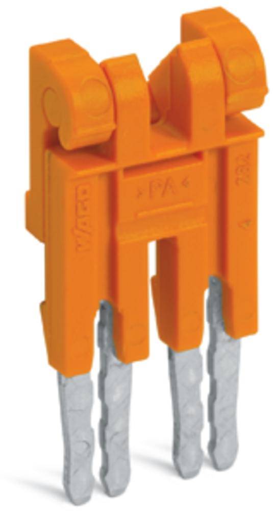 Ein orangefarbener Kunststoffadapter mit Metallstiften. Er dient zur sicheren Verbindung elektrischer Kontakte in einem Stecksystem.