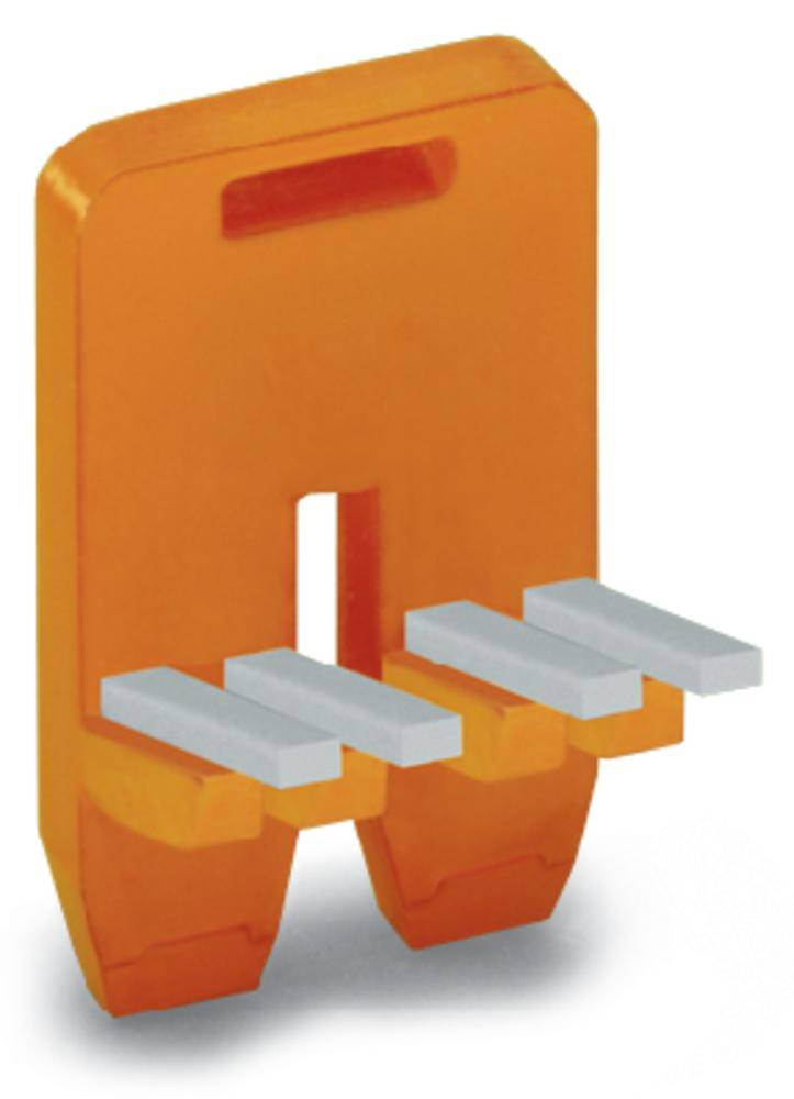 Ein orangefarbener Kunststoffstecker mit drei silbernen Kontaktlaschen, geeignet zum Verbinden elektrischer Leitungen oder Komponenten.