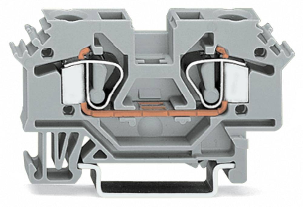 Grau-orange Reihenklemme aus Kunststoff mit zwei Anschlussklemmen und einem Metallteil. Hauptsächlich für elektrische Verbindungen verwendet.