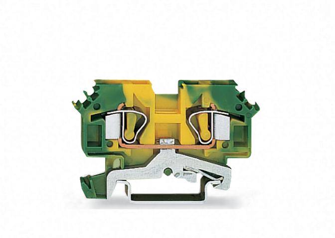 Elektrische Klemme in Grün und Gelb für die Verbindung von Drähten, mit Metallkontakten und Kunststoffgehäuse, geeignet für elektrotechnische Installationen.