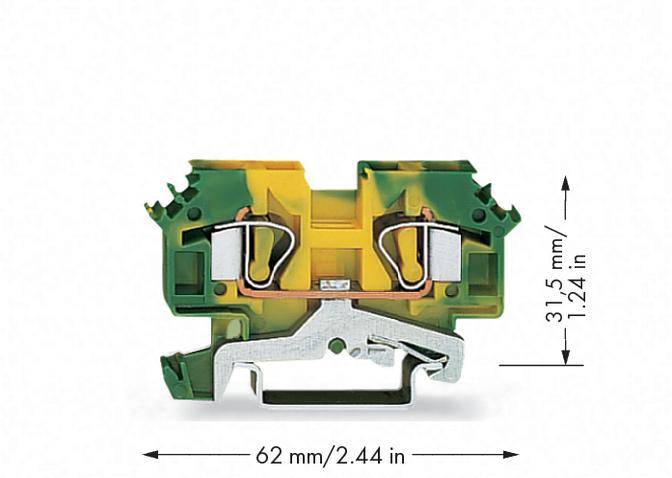 Elektrischer Klemmenblock in Grün-Gelb mit Abmessungen: 62 mm x 31,5 mm. Hauptsächlich für die Kabelverbindung genutzt.