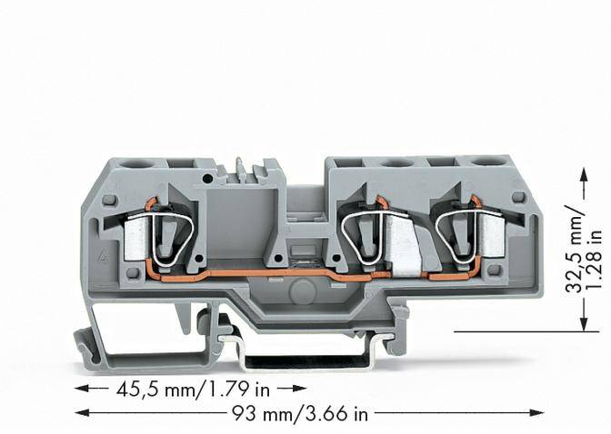Graue Klemme mit Kupferdraht, links Breite 45,5 mm, rechts Höhe 32,5 mm.