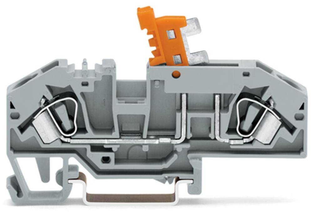 Ein grauer Reihenklemmenblock mit orangefarbenem Hebel. Er zeigt den internen Aufbau mit Metallkontakten und Kunststoffgehäuse.