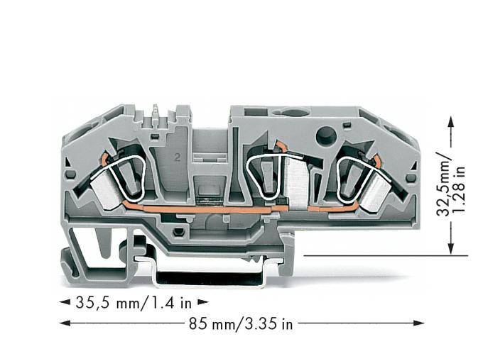 Querschnitt einer grauen Klemmschiene mit Maßen: 32,5 mm Höhe, 35,5 mm Breite, 85 mm Länge. Innenliegende Kupferverbindungen sichtbar.