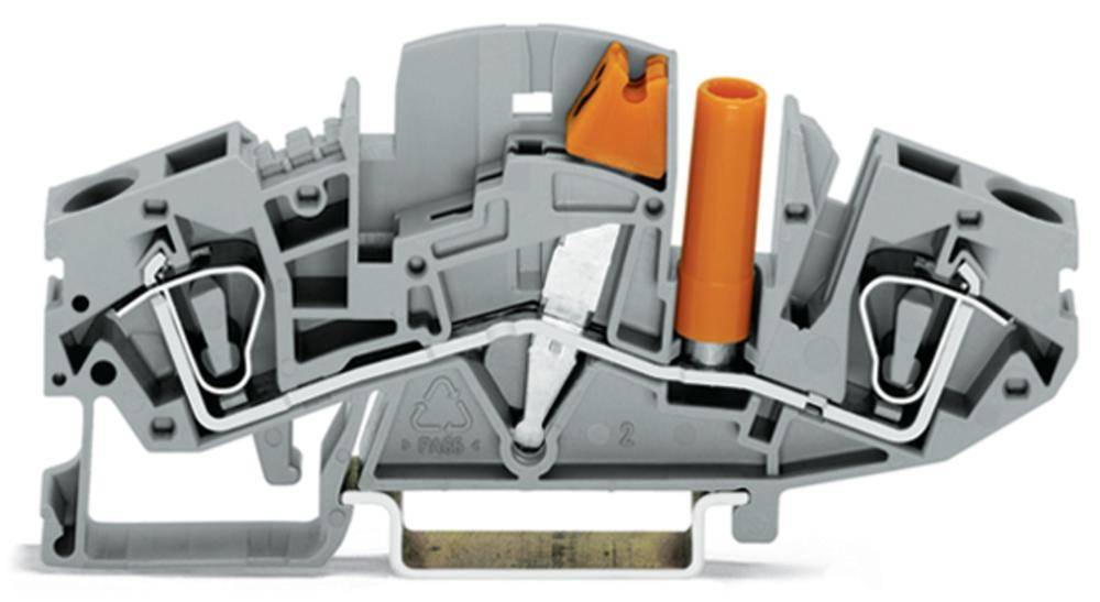 Graue elektrische Klemmenleiste mit orangenem Hebel. Dient zur sicheren Befestigung und Verbindung von Kabeln in elektrischen Schaltkreisen.
