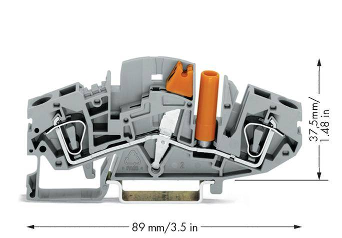 Abbildung eines grauen Klemmenblocks mit Maßen: 89 mm (Breite) und 37,5 mm (Höhe). Hauptmerkmal ist ein orangefarbener Hebel.