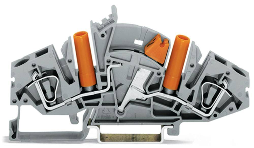 Klemmstein für Elektrokabel mit zwei orangefarbenen Halterungen und grauem Gehäuse, zur sicheren Verbindung von Drähten in Elektroinstallationen.