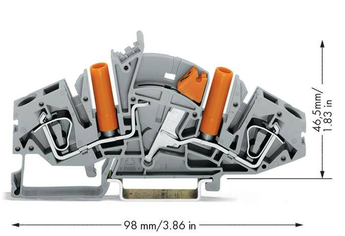 Graue, mechanische Klemme mit orangefarbenen Elementen. Maße: 98 mm Breite, 46,5 mm Höhe. Links- und rechtsseitige Anschlüsse sichtbar.