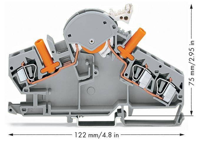 Grauer und orangefarbener elektrischer Anschlussblock mit Abmessungen von 122 mm x 75 mm.