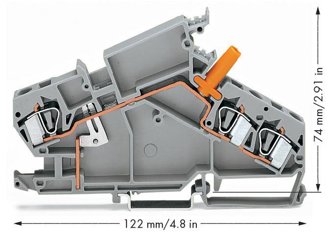 Klemmenblock mit vier Kabeleingängen mit Hebel. Maße: 122 mm x 74 mm. Verwendung zur sicheren elektrischen Verbindung.