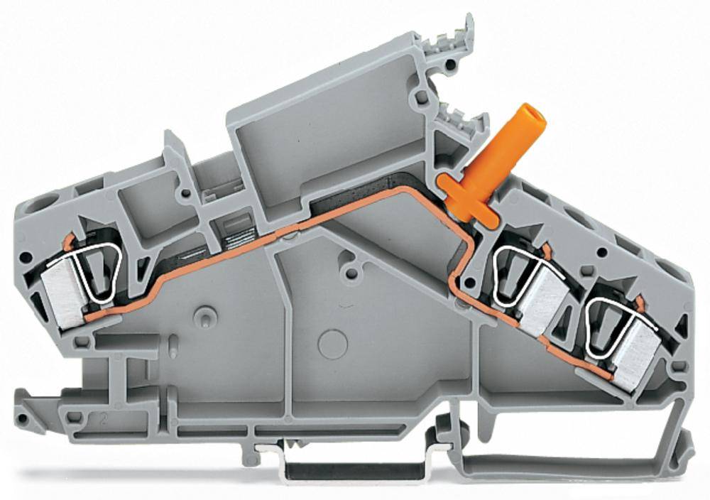 Querschnitt einer grauen elektrischen Klemme mit Innenansicht von Verkabelung und Metallkontaktpunkten, zeigt Funktionsweise.