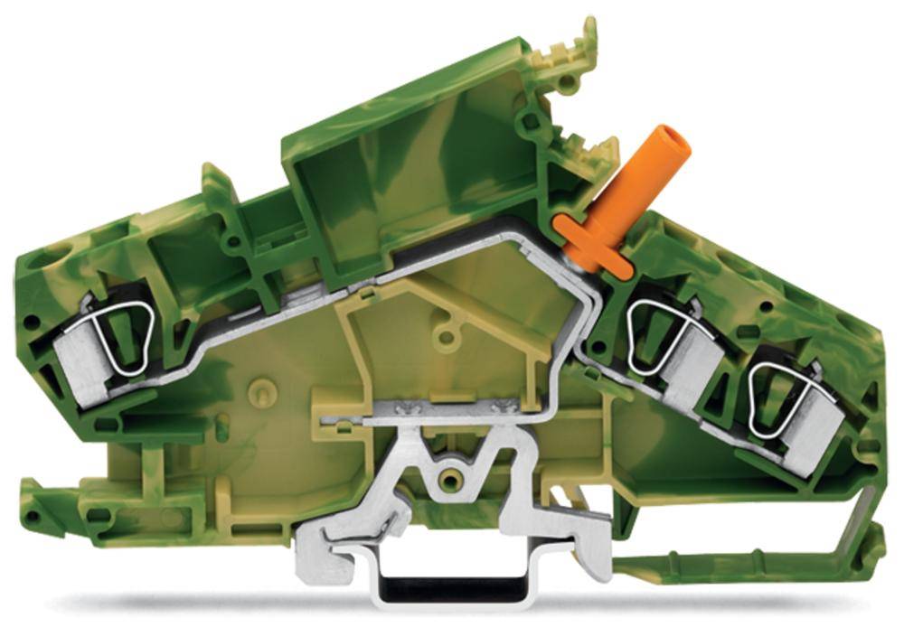 Ein grüner Steckverbinder mit orangefarbenem Hebel. Der innere Aufbau zeigt metallische Kontakte und Kunststoffgehäuse.