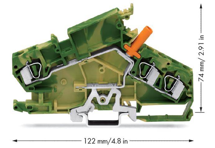 Ein grüner und gelber elektrischer Klemmverbinder mit orangefarbenem Hebel, 74 mm hoch, 122 mm lang, mit Anschlussklemmen sichtbar.