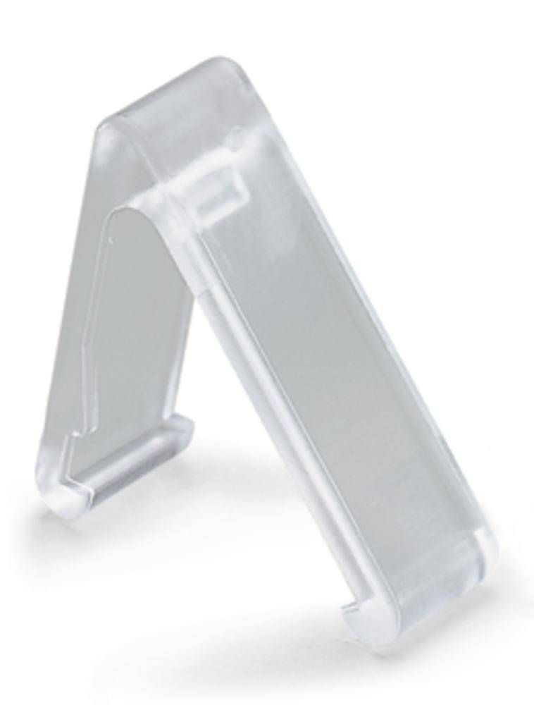 Ein durchsichtiger Plastikständer in A-Form, ideal zum Halten von Tablets oder Büchern, auf weißem Hintergrund.
