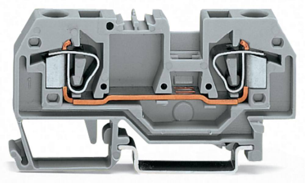 Graue Klemme mit Metallkomponenten zur elektrischen Verbindung, zeigt Feder- und Schraubmechanismen. Geeignet für industrielle Anwendungen.