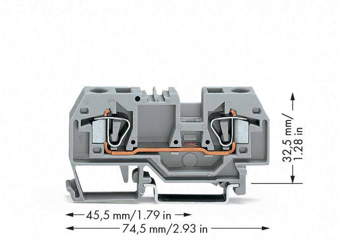 Grauer Klemmenblock mit Abmessungen: 32,5 mm Höhe, 45,5 mm Breite. Dient der elektrischen Verbindung von Leitungen auf Hutschienen.
