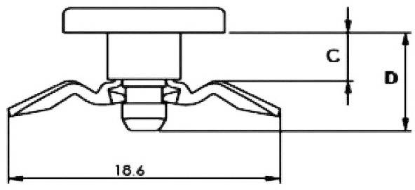 Technische Zeichnung eines Befestigungselements mit Maßen. Breite unten: 18,6 mm. Höhenmaße 'C' und 'D' sind angegeben.