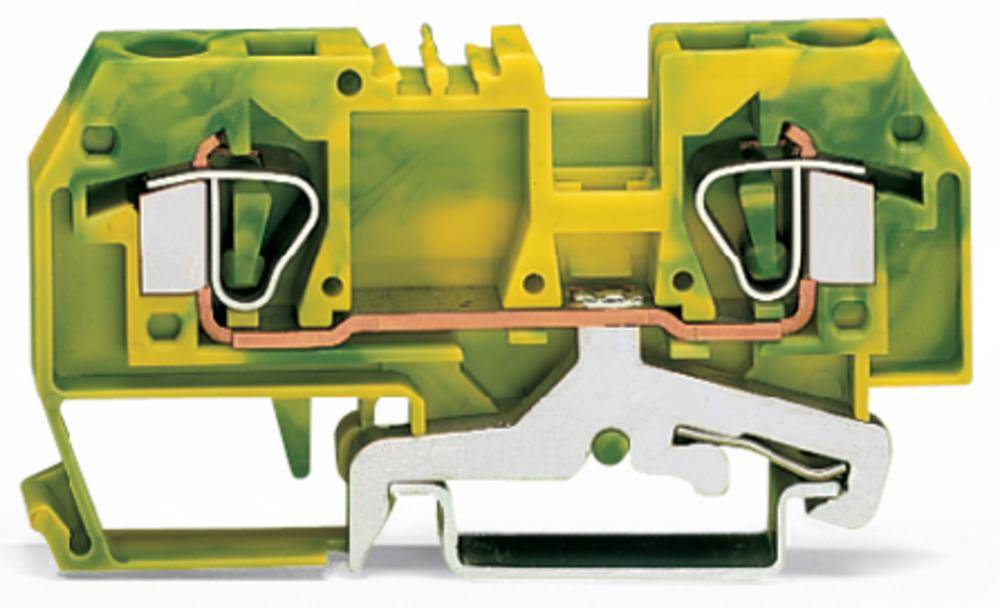 Ein gelber und grüner Elektroanschlussblock mit Metallklemmen und einem isolierten Gehäuse, geeignet für Erdungszwecke.