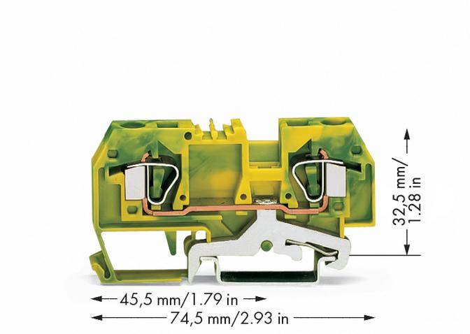 Abbildung eines gelb-grünen Klemmenblocks mit Maßen: 45,5 mm breit, 32,5 mm hoch. Zeigt interne elektrische Verbindungen.