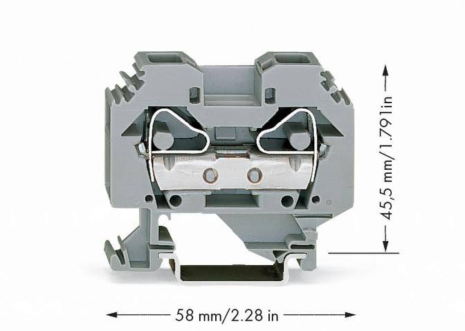 Graue Klemmenblock-Abbildung mit den Maßen 58 mm x 45,5 mm (2,28 in x 1,79 in), zentrales metallisches Verbindungselement sichtbar.