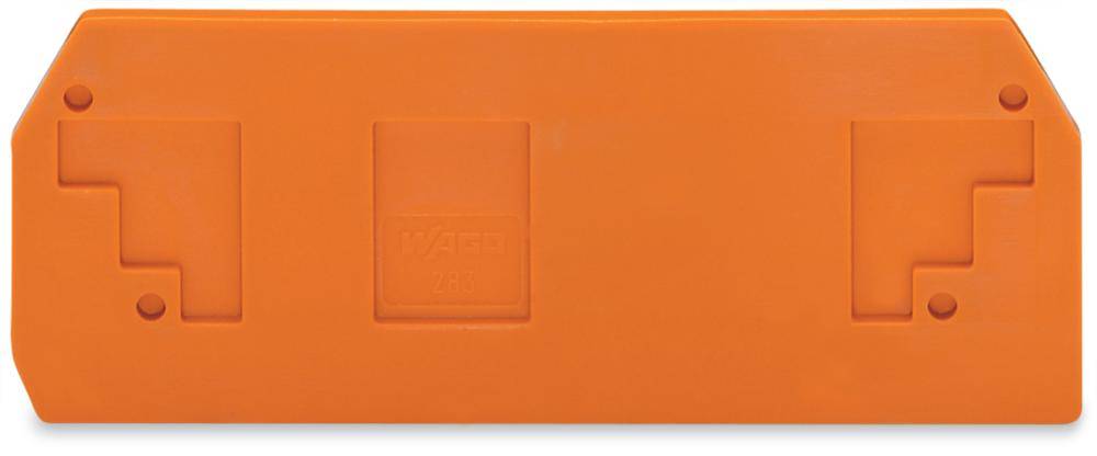 Orange Plastikplatte mit rechteckiger Form und Vertiefungen an den Ecken, vermutlich Teil eines größeren Geräts oder Systems.