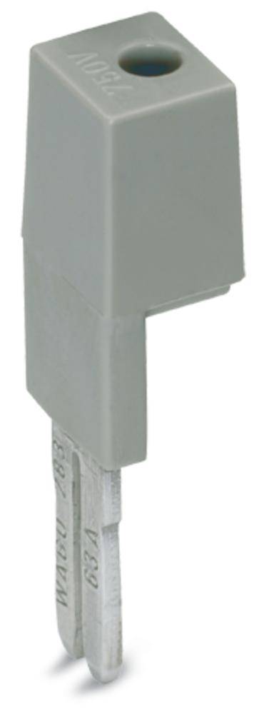 Grauer, rechteckiger Steckverbinder mit zwei Metallstiften. Oberseite hat eine kreisförmige Öffnung.