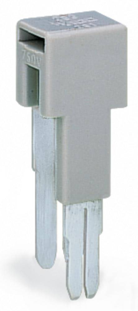 Ein grauer elektrischer Steckverbinder mit drei metallischen Pins, geeignet für Platinenmontage.