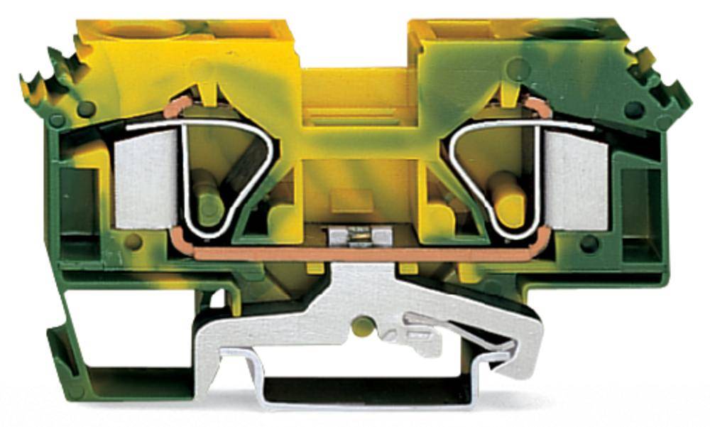 Querschnitt einer grünen und gelben Reihenklemme mit metallischen und isolierenden Elementen zur elektrischen Verbindung und Erdung.