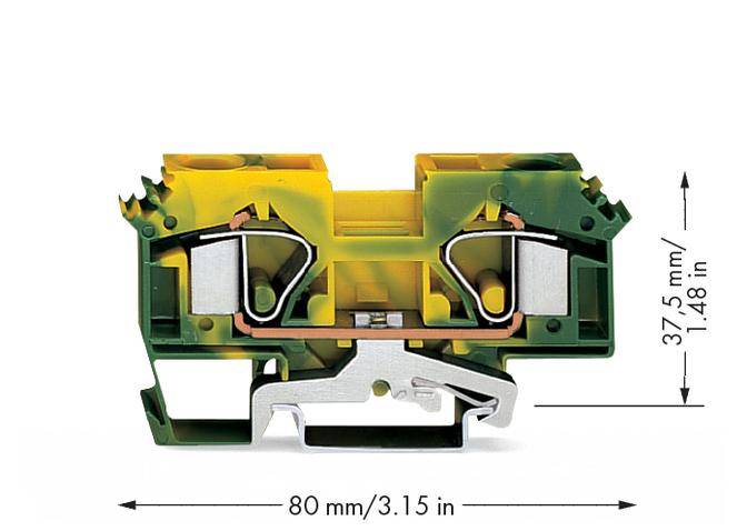 Querschnitt eines elektrischen Klemmenblocks mit grüner und gelber Färbung, 80 mm breit, 37,5 mm hoch.