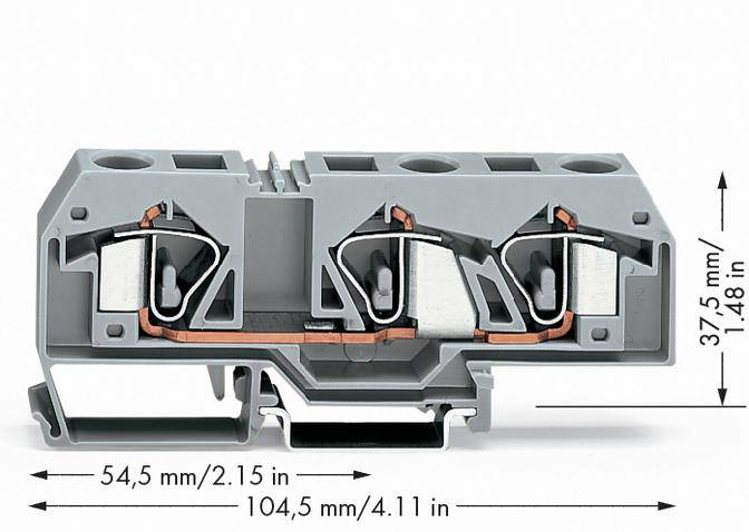 Graue elektrische Klemmenblock mit Abmessungen: 54,5 mm Breite, 104,5 mm Länge, 37,5 mm Höhe. Geeignet für Kabelverbindungen.