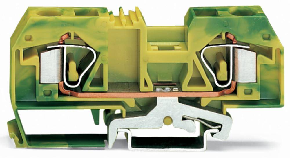 Zweigeschossige grün-gelbe Klemme mit metallischen Anschlüssen und Kunststoffgehäuse, zur elektrischen Verbindung von Leitungen.