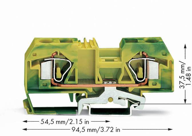 Klemmenblock aus Kunststoff mit metallischen Einsteckanschlüssen in grün und gelb. Maße: 54,5 mm Breite, 94,5 mm Länge, 37,5 mm Höhe.