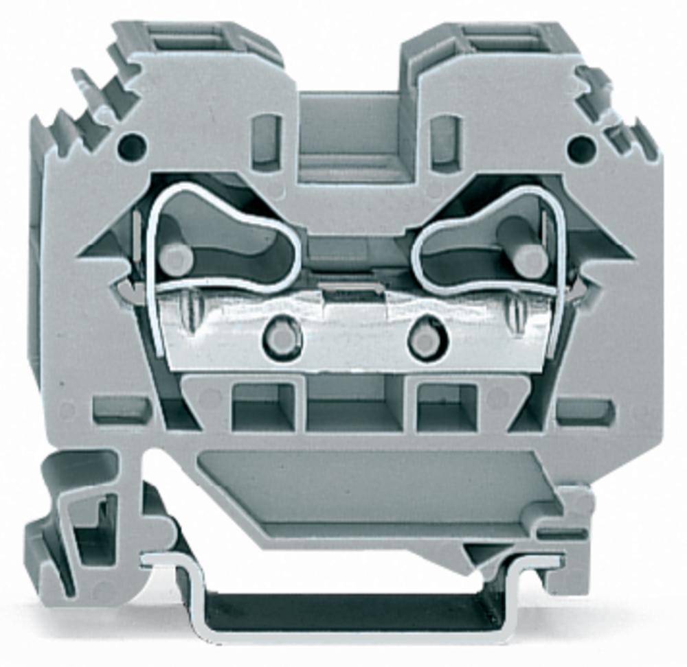 Ein grauer elektrischer DIN-Schienenklemmenblock, symmetrische Form, mit metallenem Anschlussbereich sichtbar.
