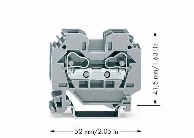 Abbildung einer grauen DIN-Schienenklemme mit den Maßen: 52 mm Länge und 41,5 mm Höhe.