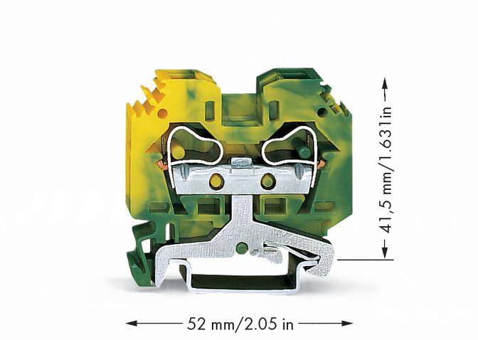 Abbildung eines gelb-grünen Klemmenblocks mit den Maßen 41,5 mm x 52 mm, zeigt metallische Klemmen und Einführungsöffnungen.