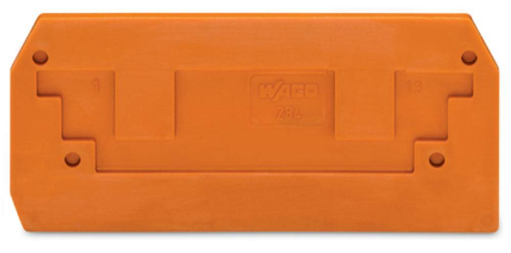 Ein orangefarbenes Abdeckelement mit einer rechteckigen Form und abgeschrägten Ecken, hergestellt von der Marke WAGO.
