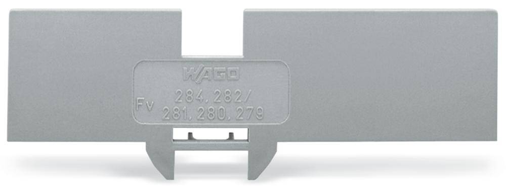 Graue Abdeckung für einen Verbindungsklemmen-Block mit der Aufschrift 'WAGO 264-282'. Verwendet zur elektrischen Isolation.