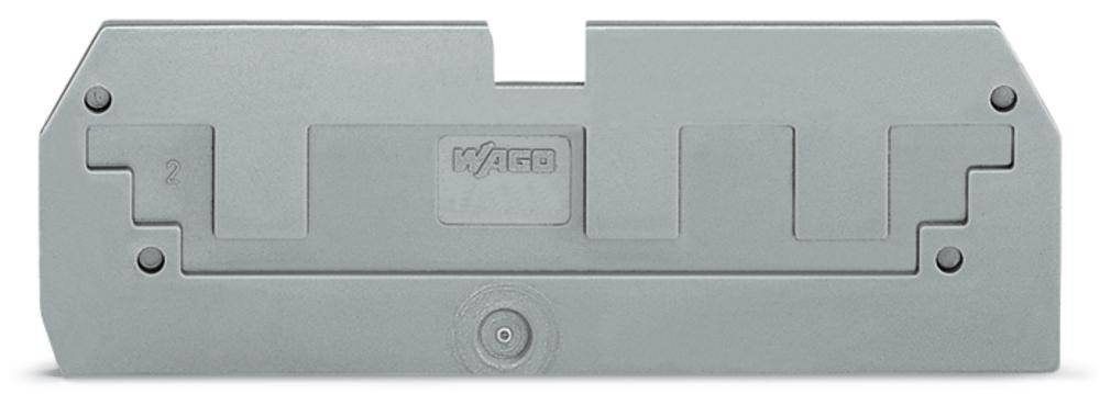 Eine graue Kunststoffabdeckung mit dem Logo 'WAGO' in der Mitte, verwendet für elektrische Anschlüsse und Montagesysteme.