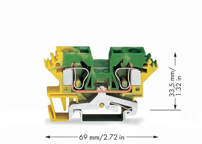 Doppelstock-Reihenklemme, grün-gelb, mit Maßen: 33,5 mm Höhe und 69 mm Breite, technische Abbildung für Industriestandard.