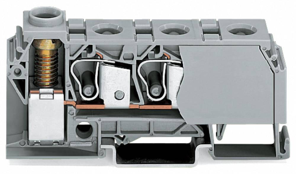 Querschnitt eines grauen Klemmenblocks mit Federmechanismus, der den inneren Aufbau und Verbindungen zeigt.
