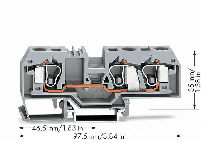 Graues Klemmenmodul mit innerem Kupferdrahtweg gezeigt. Maße: Breite 97,5 mm, Tiefe 46,5 mm, Höhe 35 mm. Zwei Verbindungspunkte sichtbar.