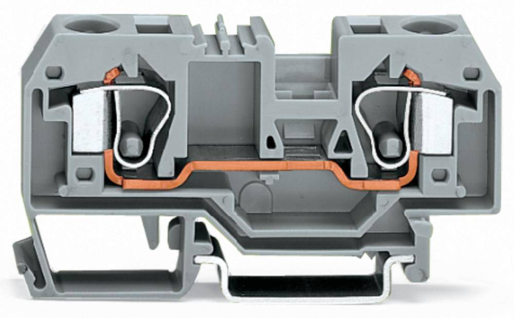 Graue elektrische Anschlussklemme mit Kupferleiter in der Mitte und Klemmmechanismus auf beiden Seiten, geeignet für industrielle Verdrahtung.