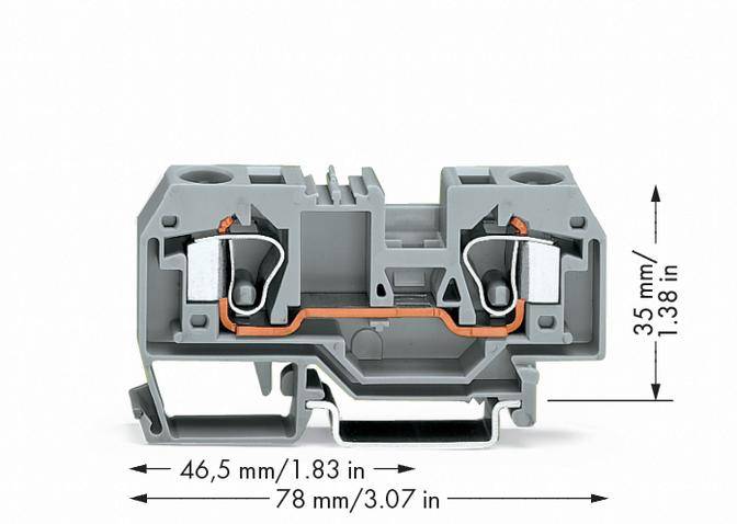 Graue Klemme mit Abmessungen: 46,5 mm Breite, 35 mm Höhe, 78 mm Tiefe. Zwei metallische Klemmen innen sichtbar.