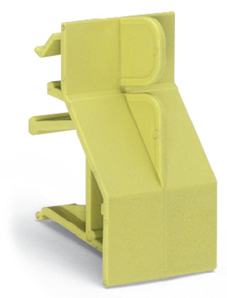 Gelbfarbenes Kunststoff-Bauteil mit drei seitlichen Clips, möglicherweise Teil eines Stecksystems oder Gehäusemoduls.