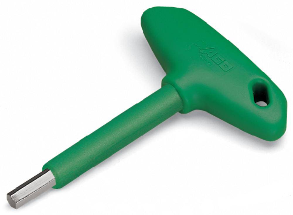 Ein grüner Schraubendreherschlüssel mit einem T-förmigen Griff, geeignet für Arbeiten, die zusätzlichen Hebel erfordern.