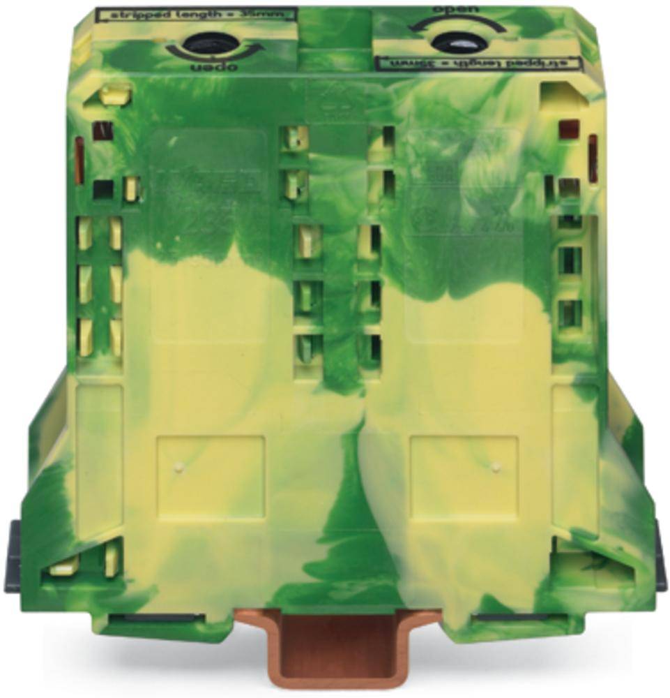 Ein grünes und gelbes technisches Bauteil mit mehreren Öffnungen und Anschlüssen an den Seiten, benutzt in elektrischen Anlagen.