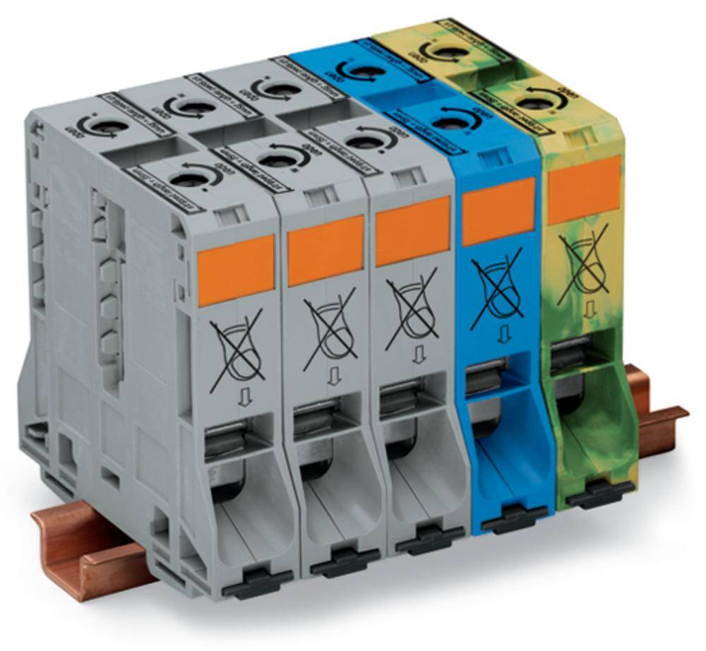 Vier Sicherungsautomaten in einer Reihe montiert, jeweils mit orangenem Schalter und unterschiedlichen Gehäusefarben, auf einer Kupferschiene.