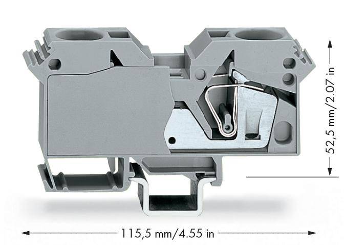 Grauer elektrischer Anschlussblock mit Hebelmechanismus, abgebildet in Seitenansicht. Maße: 115,5 mm breit, 52,5 mm hoch.