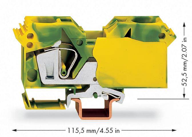 Schaltklemmen-Schnittmodell in Gelb-Grün mit Maßangaben: Breite 115,5 mm (4,55 Zoll), Höhe 52,5 mm (2,07 Zoll).