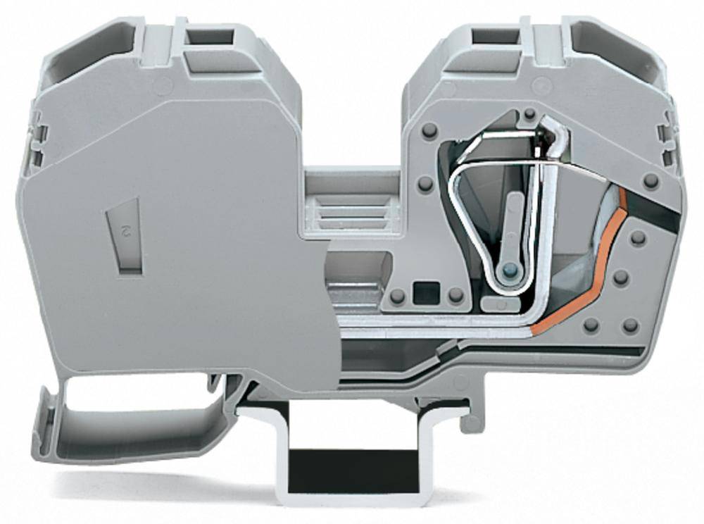 Ein Querschnitt eines elektrischen Klemmenblocks mit sichtbaren inneren Mechanismen und Verbindungen. Geeignet für industrielle Anwendungen.